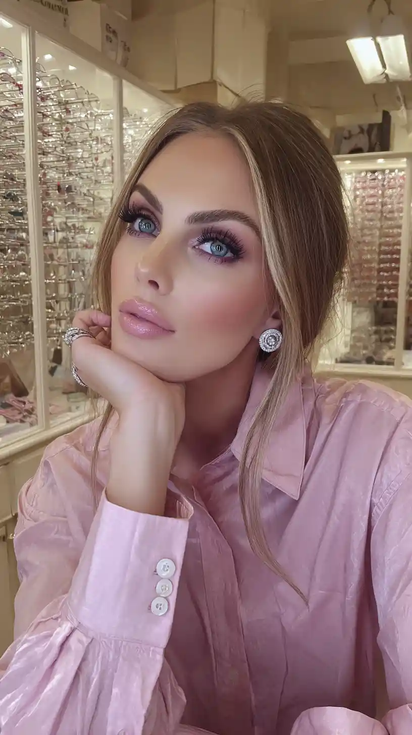 Elegante Frau mit Smokey-Eye-Make-up im Weinkeller