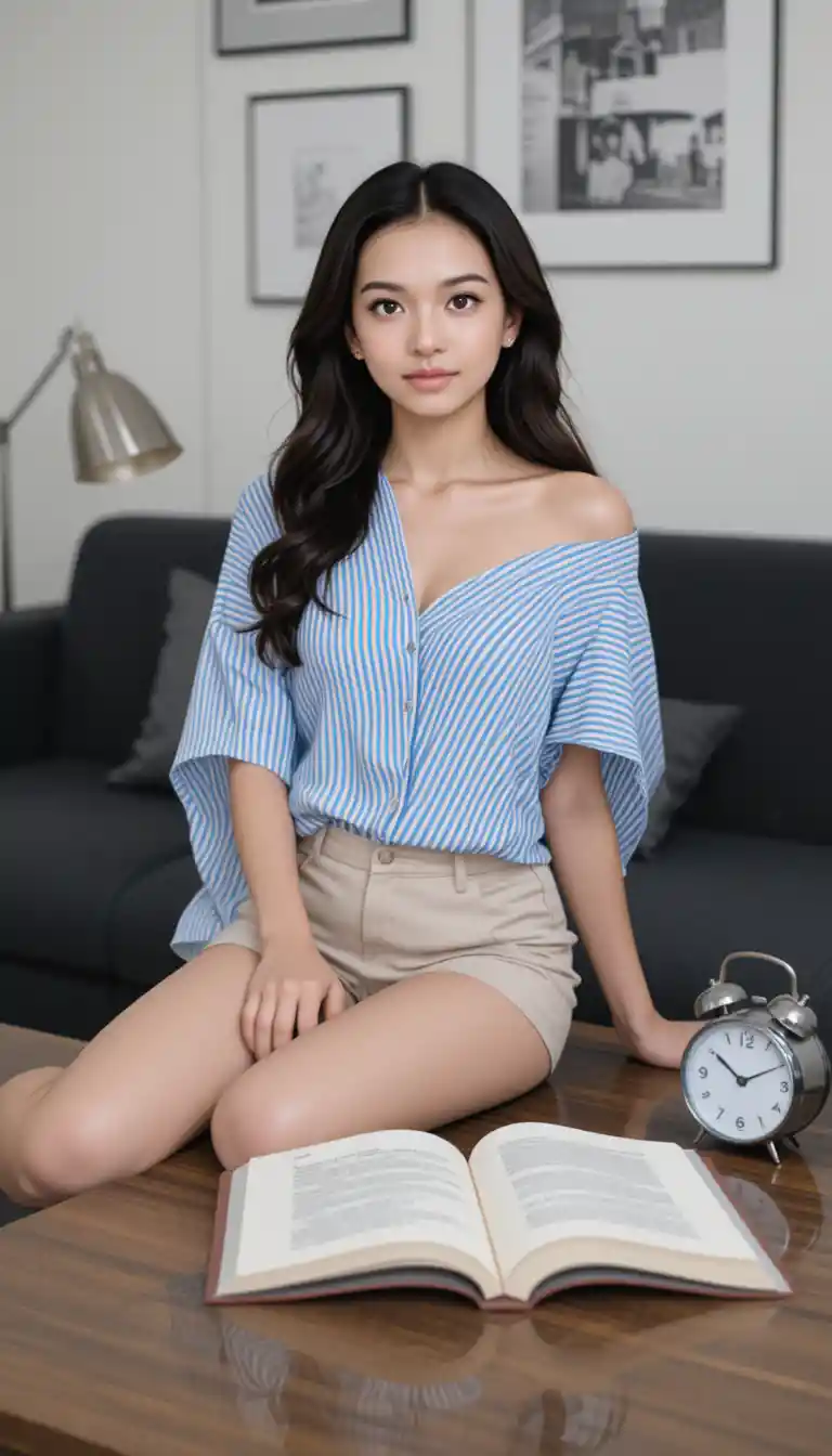 Young woman on coffee table in a modern living room