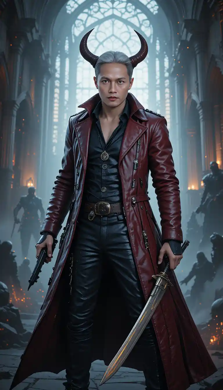 White haired demon hunter in red coat in gothic cathedral