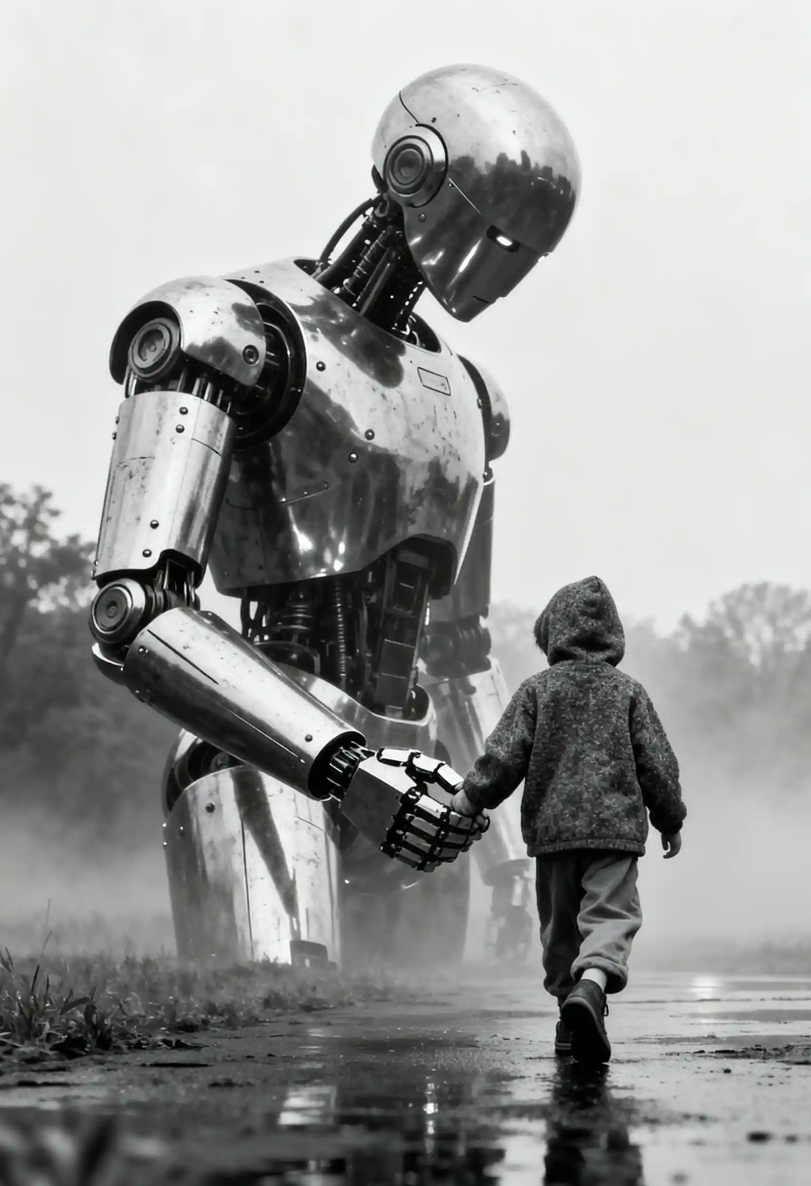 Robot humanoide sosteniendo la mano de un niño en un paisaje brumoso