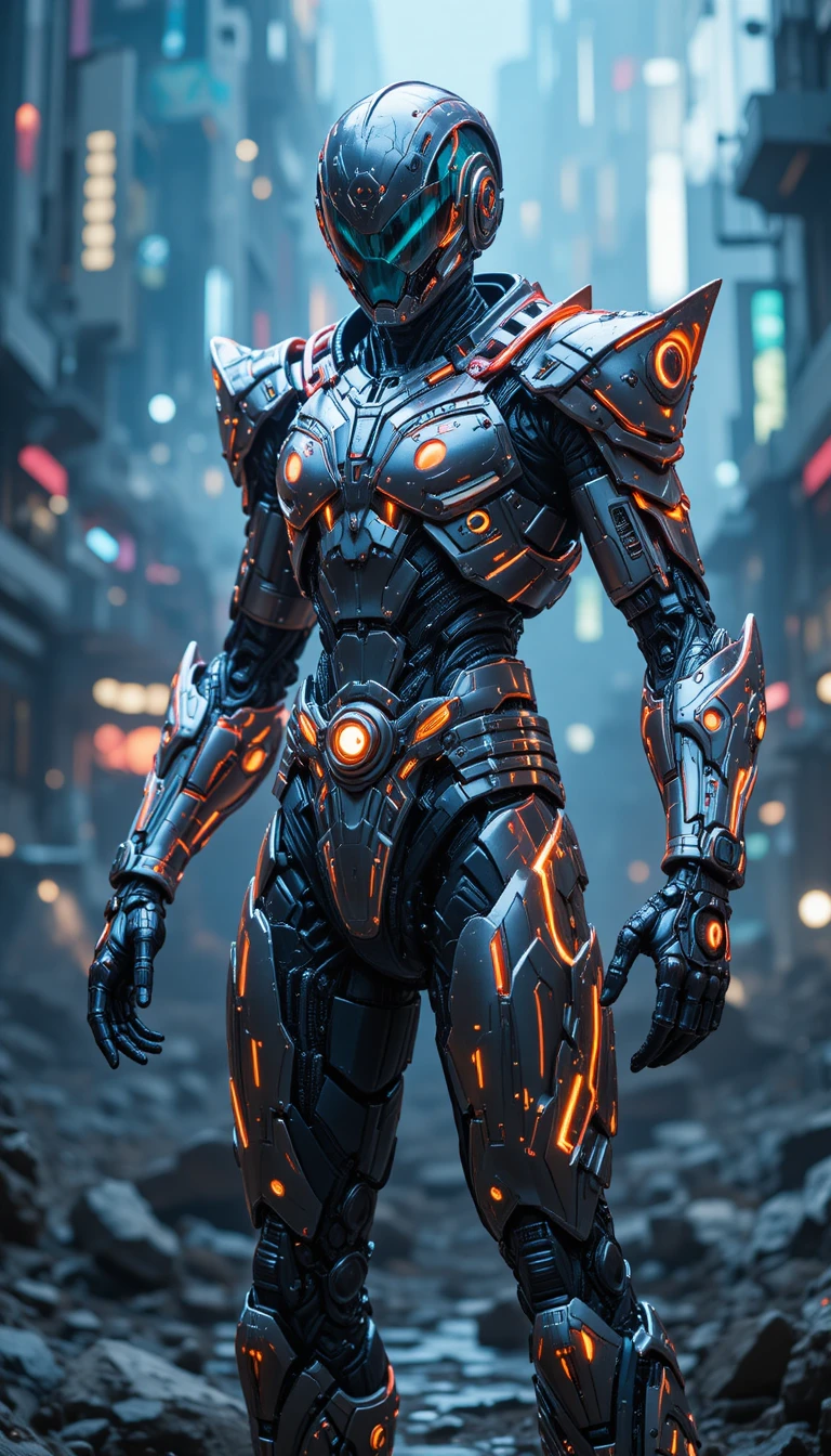 Futuristischer gepanzerter Krieger in dynamischer Sci-Fi-Kampfpose