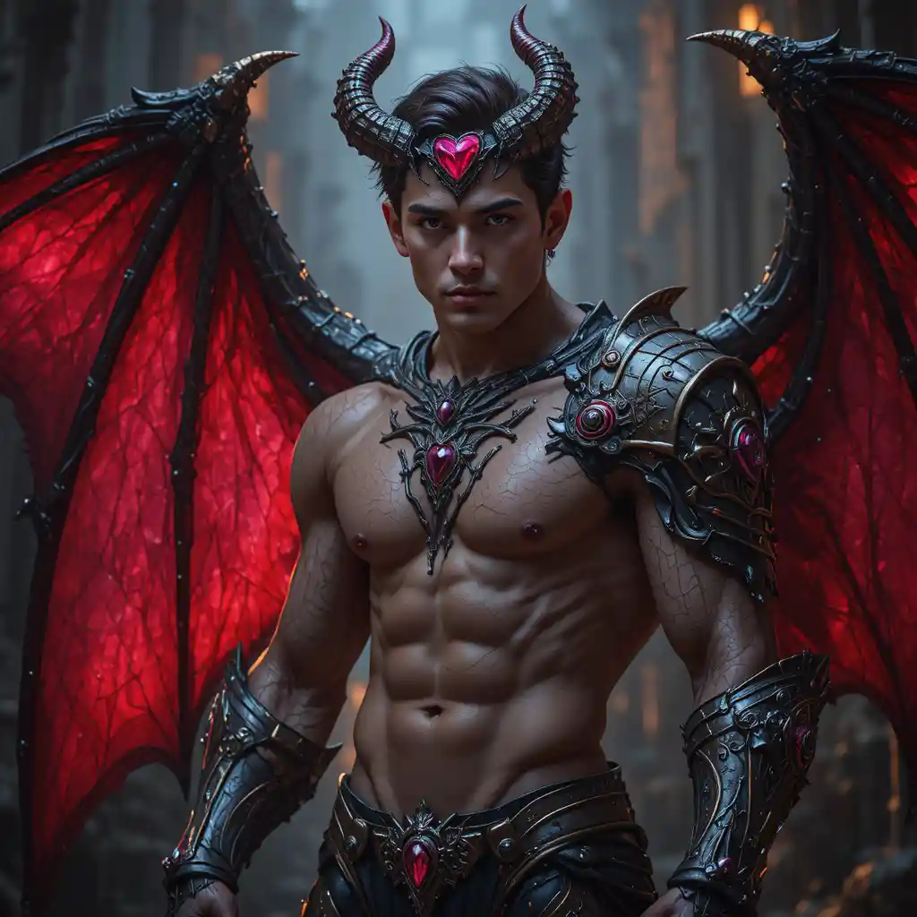 Guerreiro súcubo masculino bonito com brasão de rubi em forma de coração
