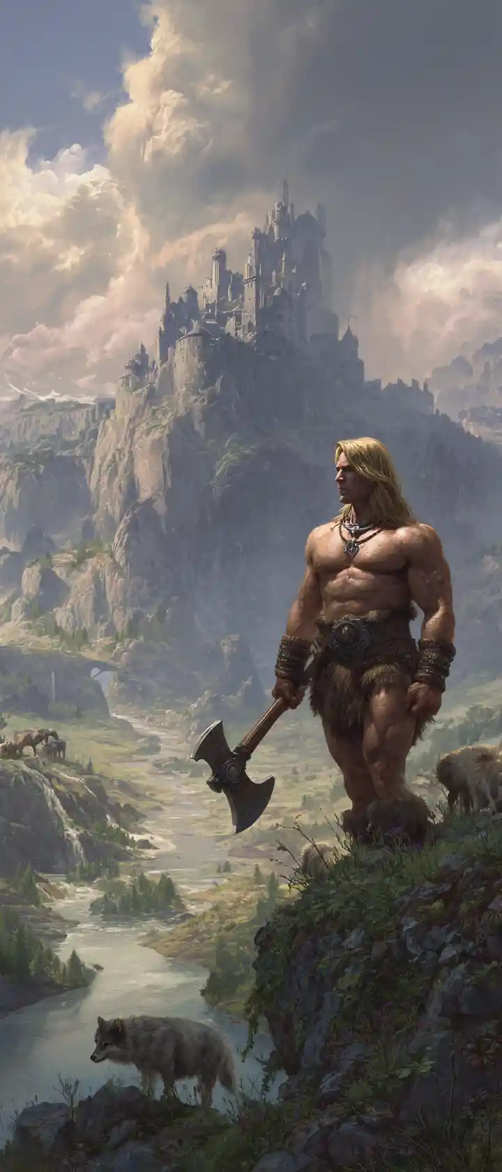 Barbarian warrior with axe overlooking dramatic mountain valley