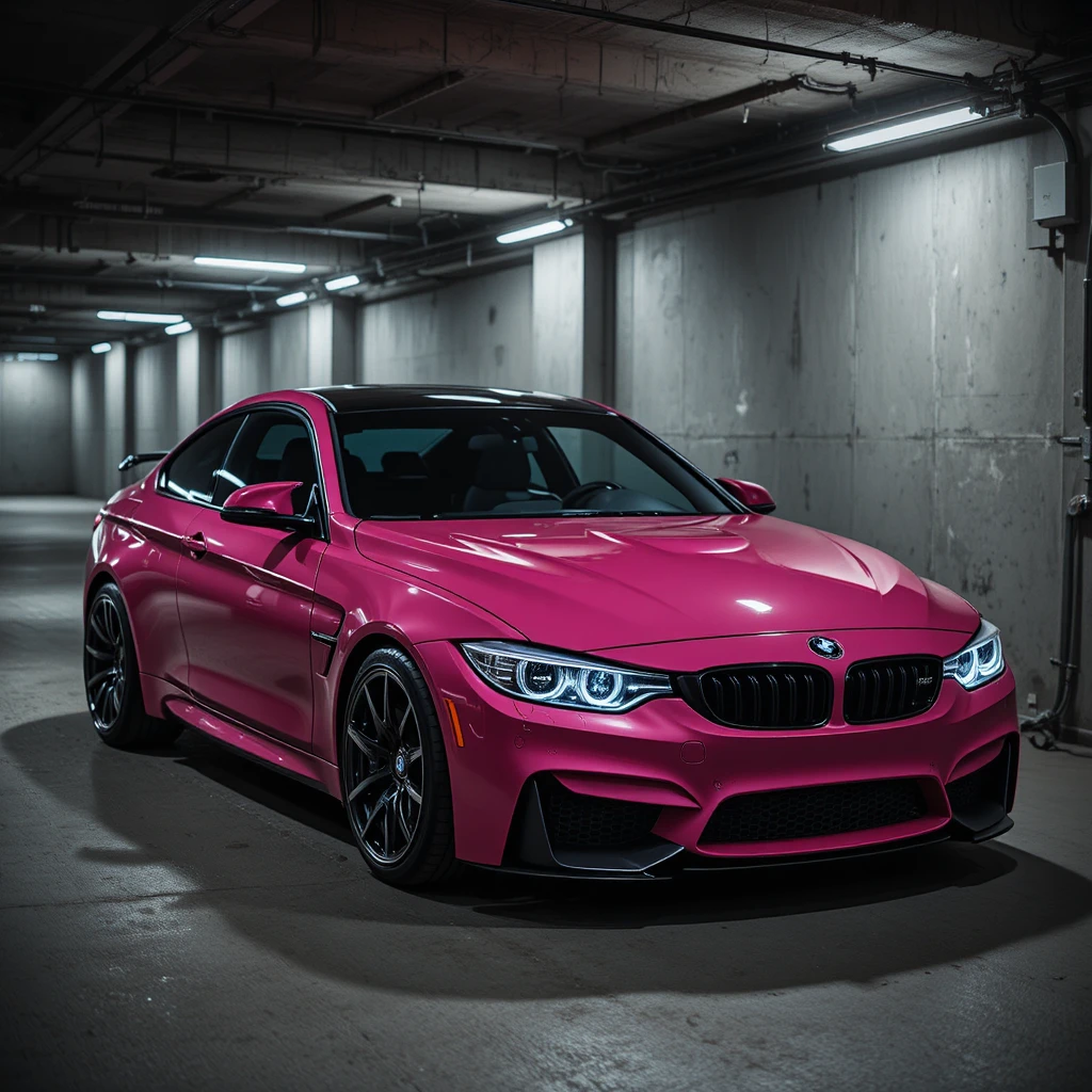 Carro BMW rosa-escuro estacionado em garagem subterrânea à noite