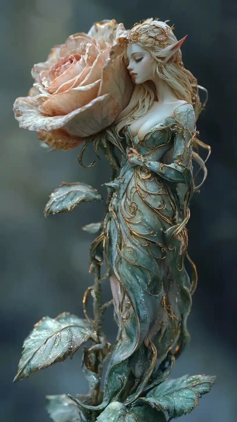 Rose géante avec portrait de jeune elfe éthérée