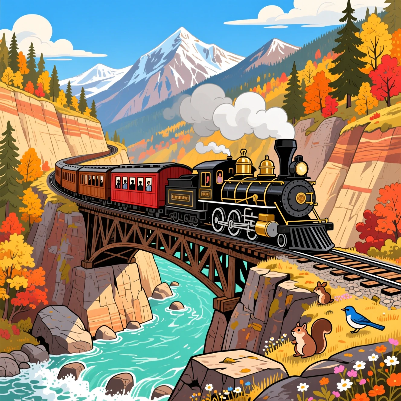 Steam train crossing a mountain trestle bridge in autumn