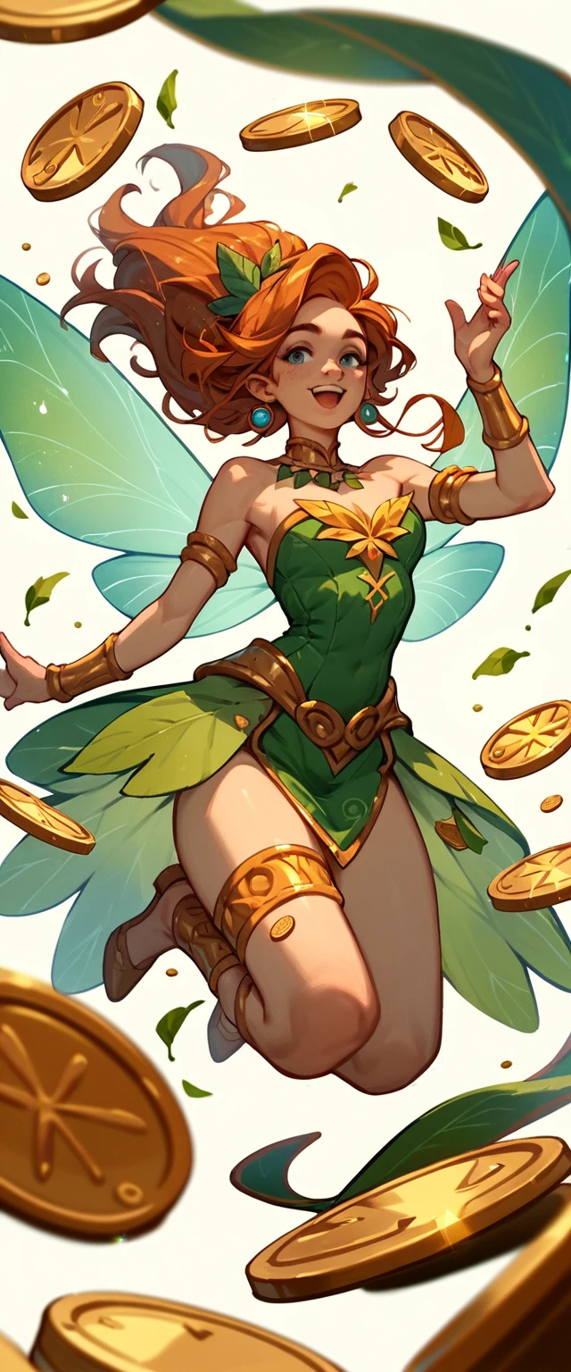 Fortune fairy surrounded by gold coins and clovers