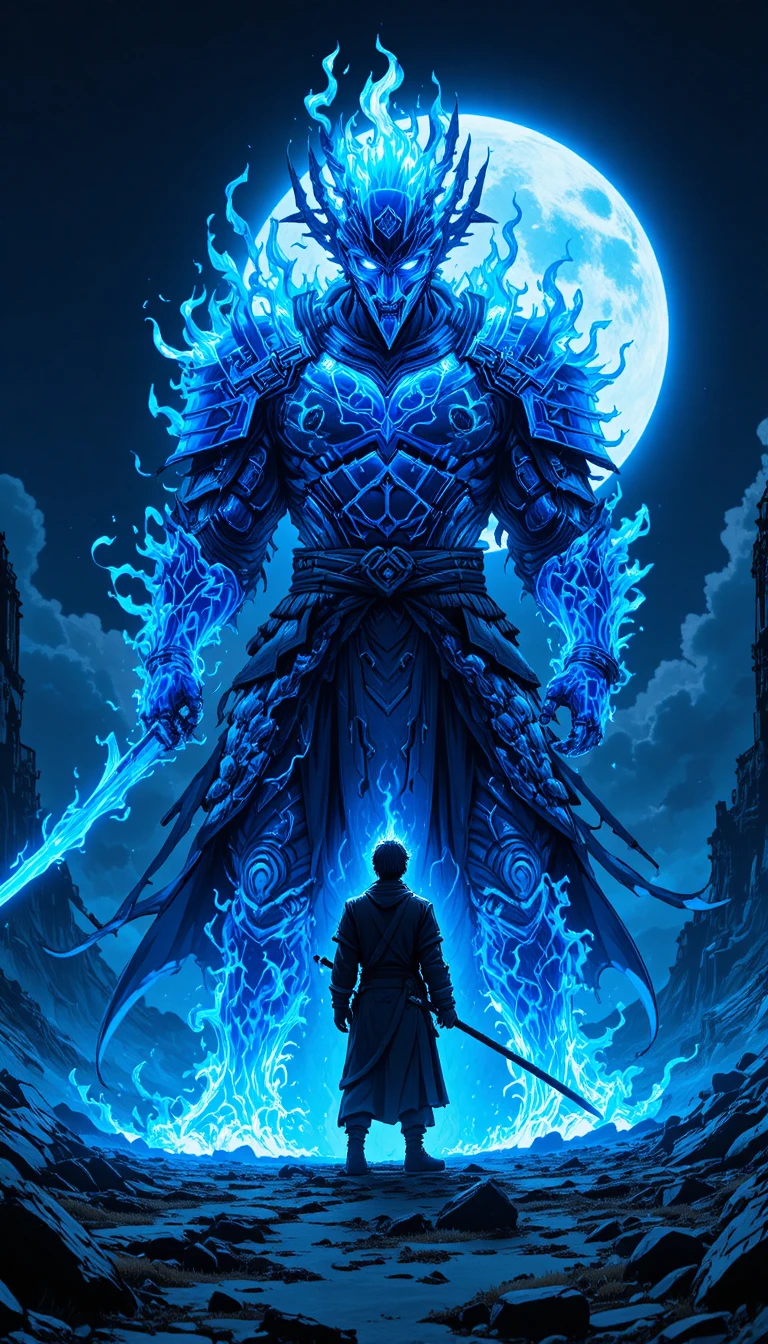 Ninja before colossal blue flame samurai guardian spirit