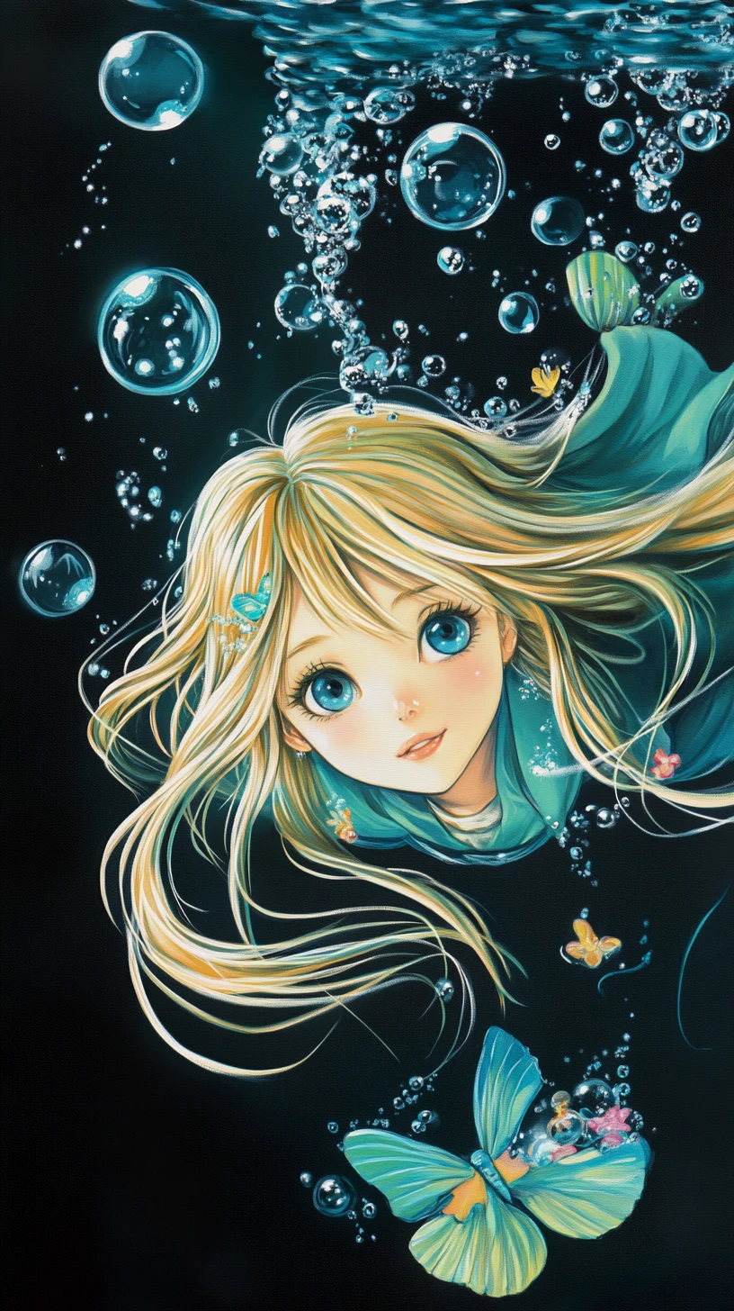 暗い水中シーンで水のような髪が流れるファンタジー少女