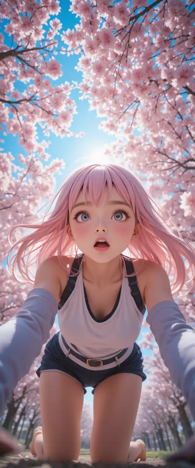 桜の下でカメラに身を乗り出すアニメ少女