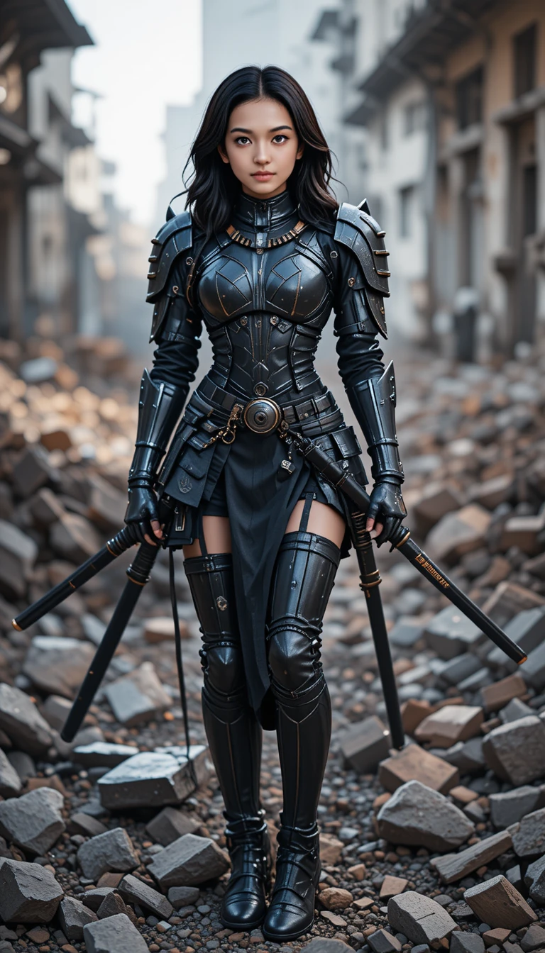Cyberpunk woman in black armor standing on urban rubble