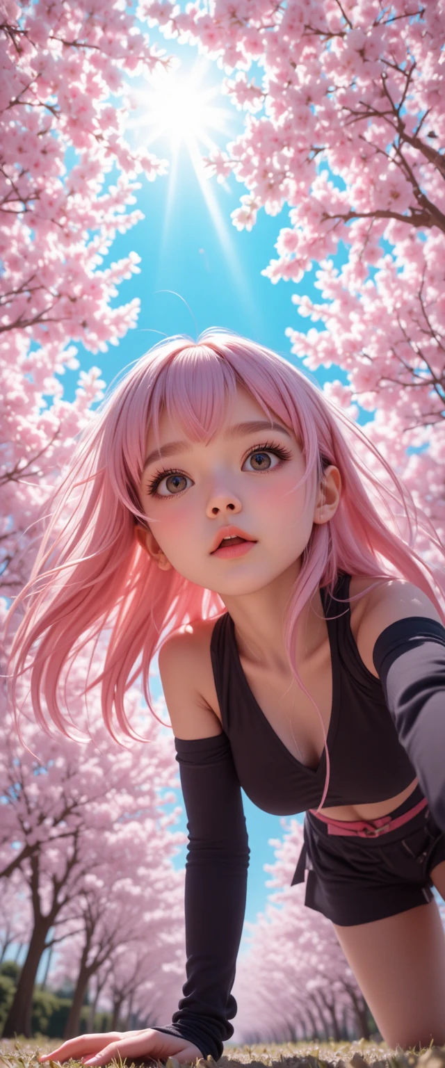 Fille d’anime penchée vers la caméra sous un ciel de cerisiers en fleurs