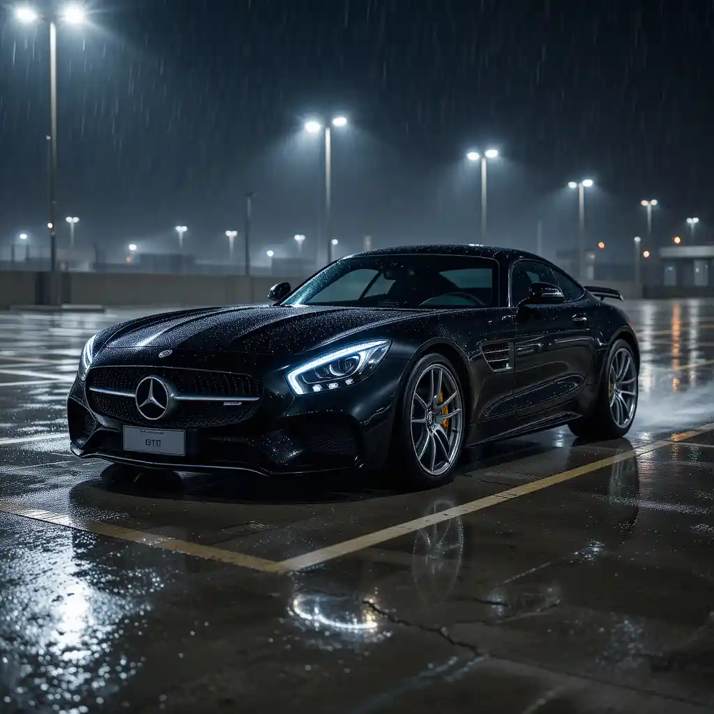黒いスポーツカーが濡れた夜の駐車場をドリフト
