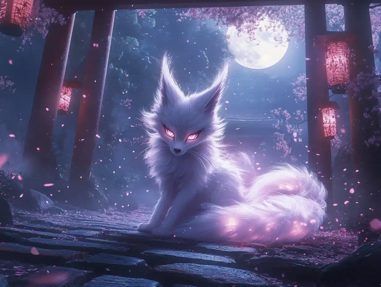 Kitsune mystique à neuf queues sous une pleine lune lumineuse