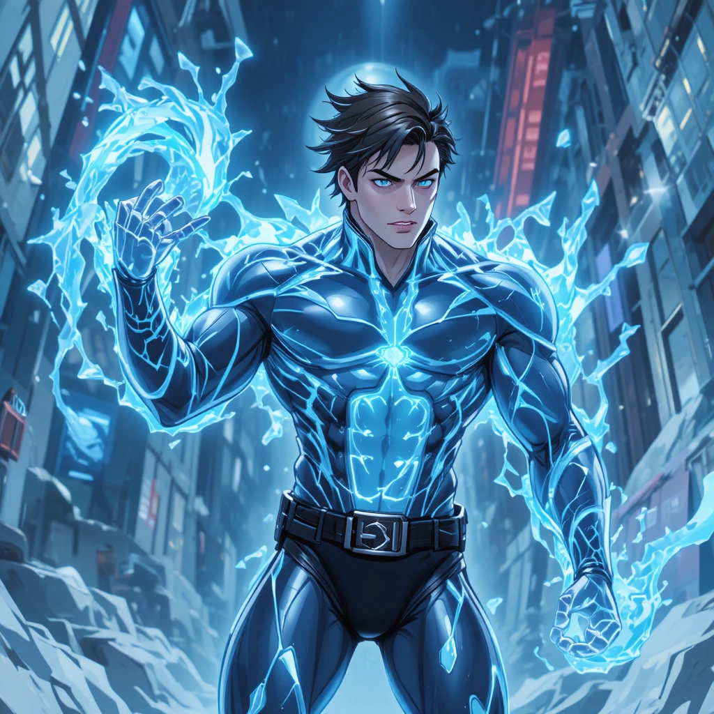 Homem de anime com poderes de gelo em ilustração estilizada