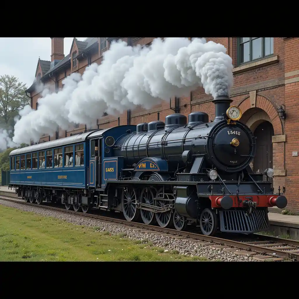 Long black steam train passing a large brick building