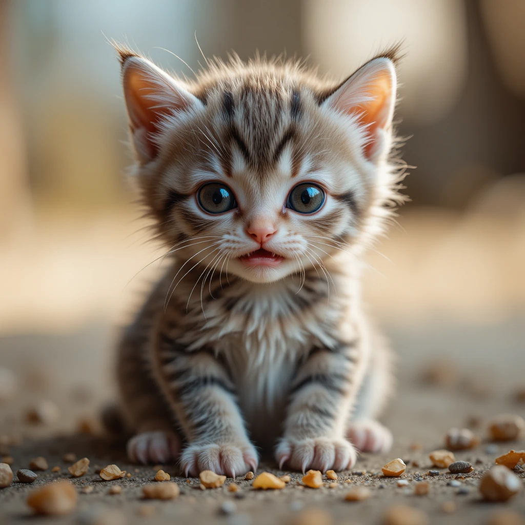 Hungry kitten crying softly with big watery eyes