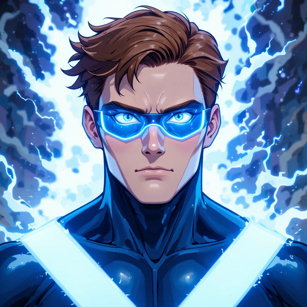 Super-herói masculino animado com cabelo castanho e olho com cicatriz