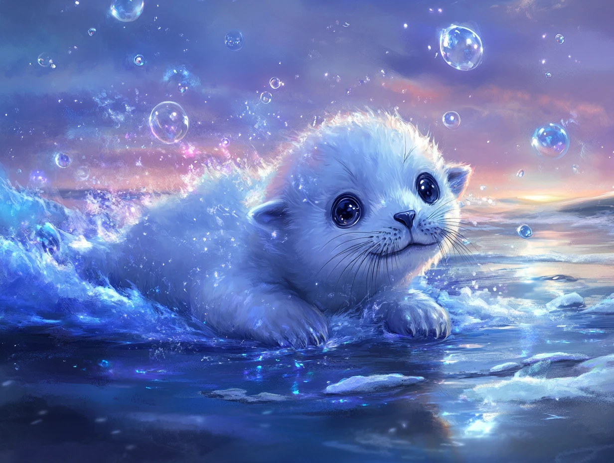 Foca bebê fofa deslizando no gelo com bolhas mágicas