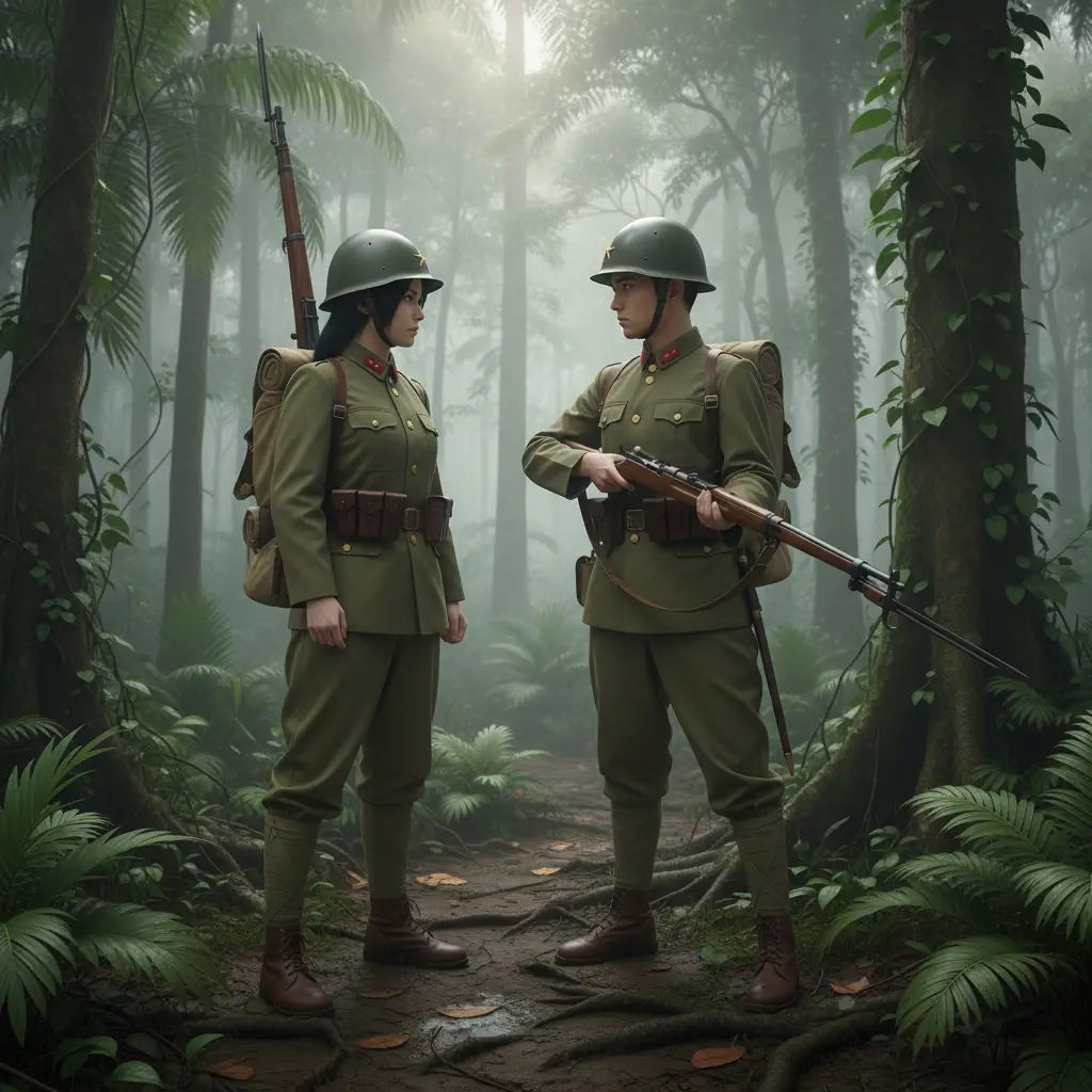 Japanische Soldaten in khakifarbenen Uniformen im Dschungel