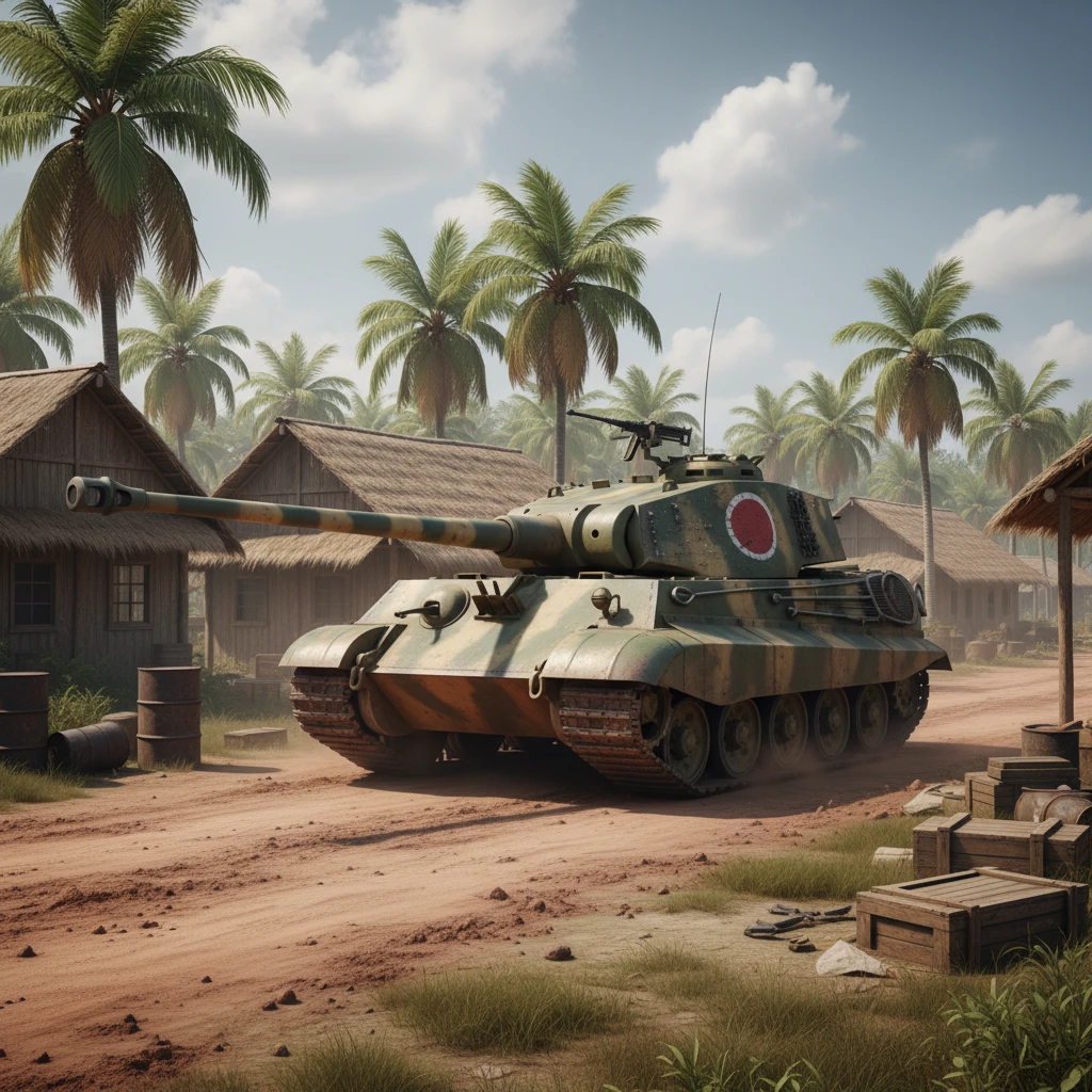 Tanque Tiger II no aeródromo de Sepik na Segunda Guerra Mundial