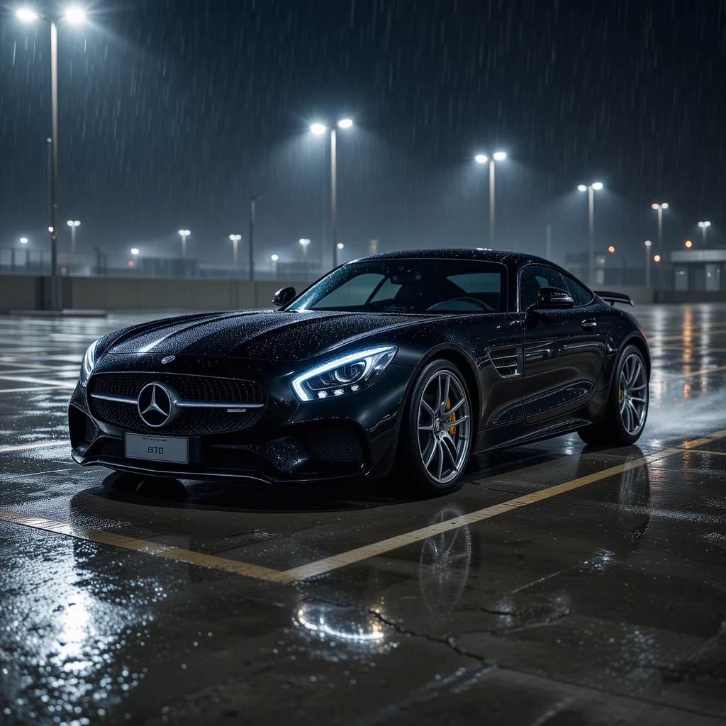 黒いスポーツカーが濡れた夜の駐車場をドリフト
