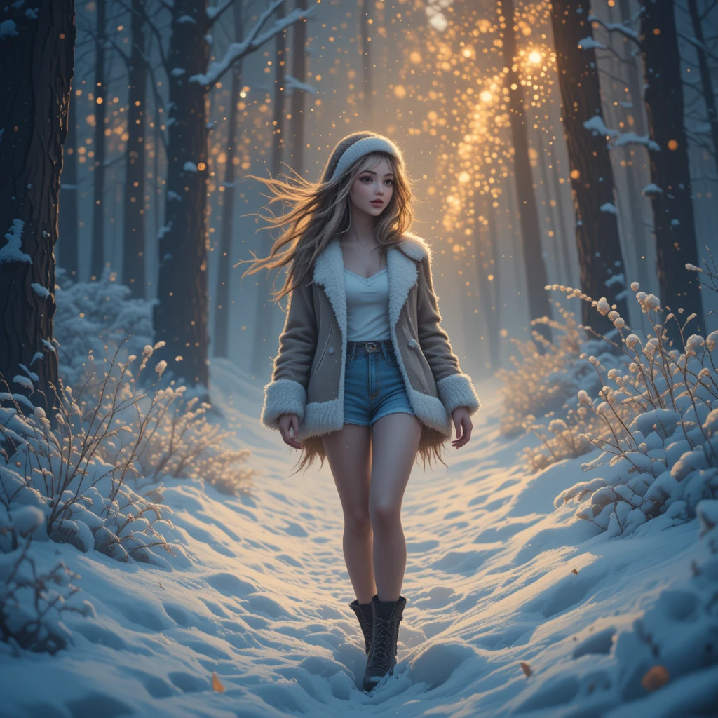Junge Frau, die durch einen verschneiten Winterwald geht
