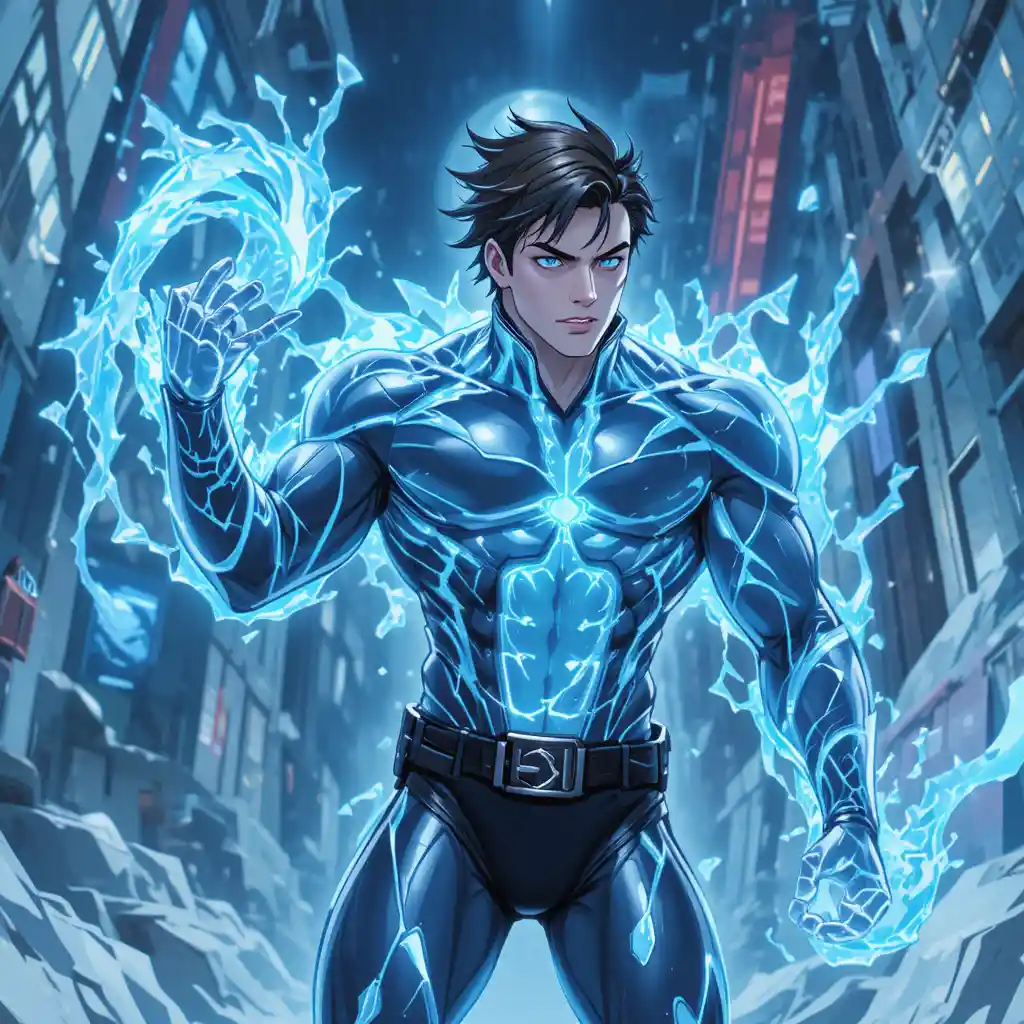 Uomo anime con poteri di ghiaccio in illustrazione stilizzata