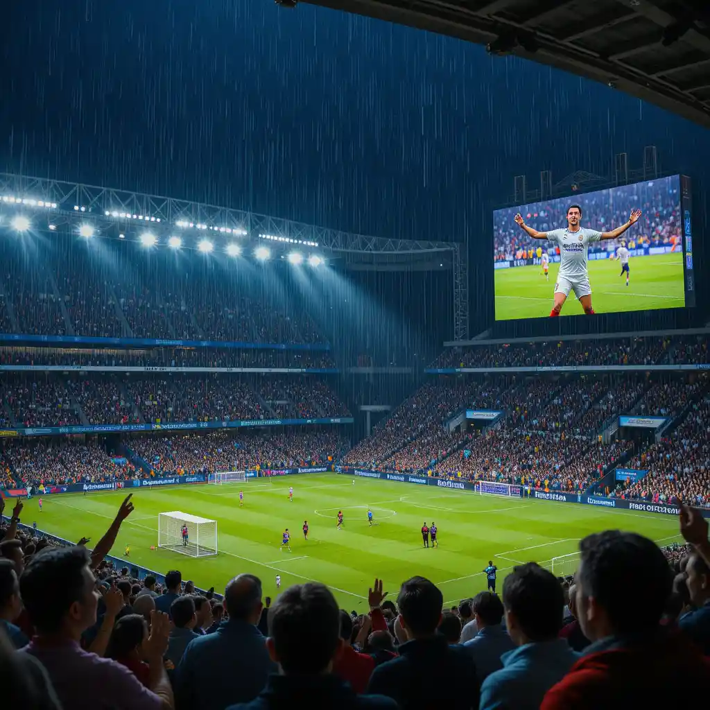 Rainy night soccer stadium with cheering fans and bright lights
