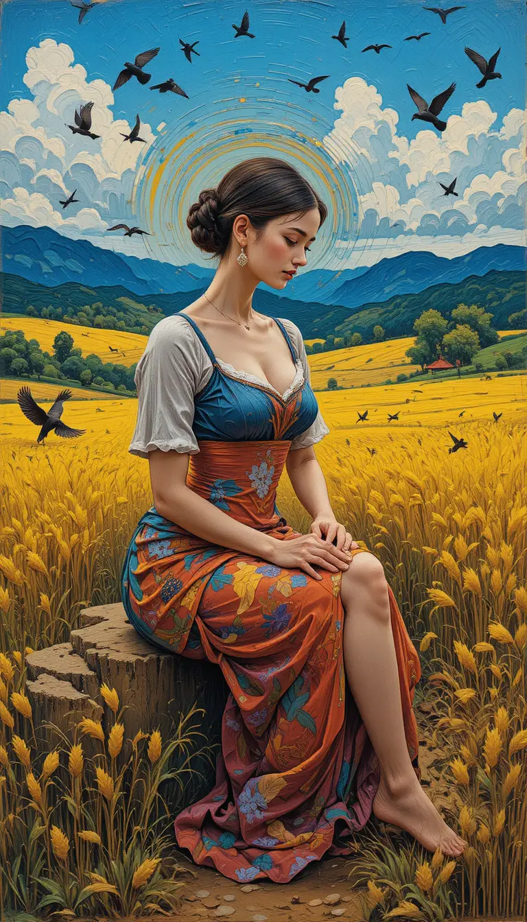 Woman slowly sifting corn grains in a textured impasto painting