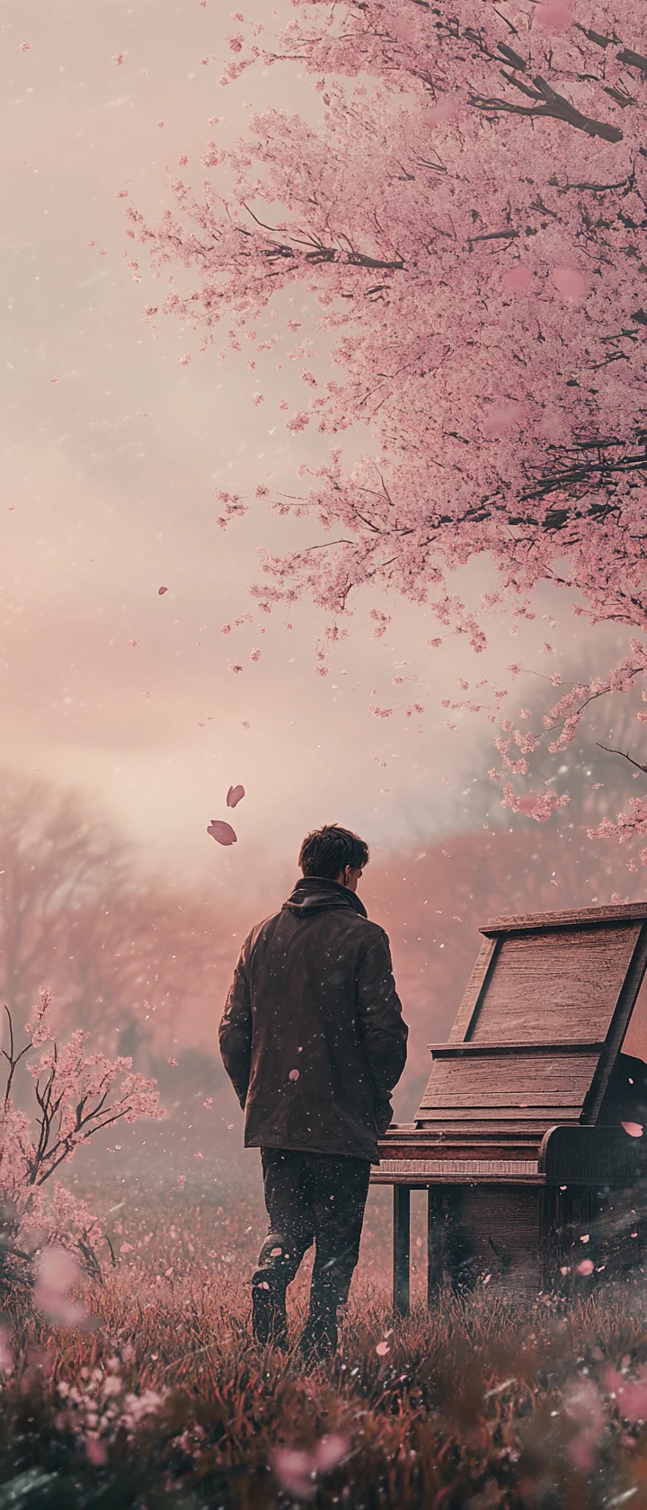 Young man walking away from a quiet sakura grove