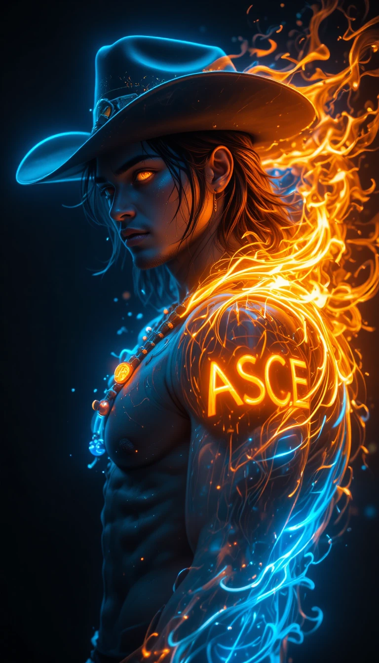 Retrato lateral em contraluz neon de um herói de anime flamejante