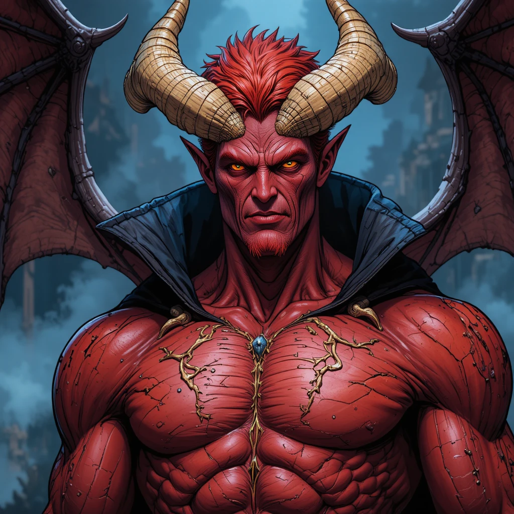 Personagem masculino de demônio de pele vermelha com chifres e olhos amarelos