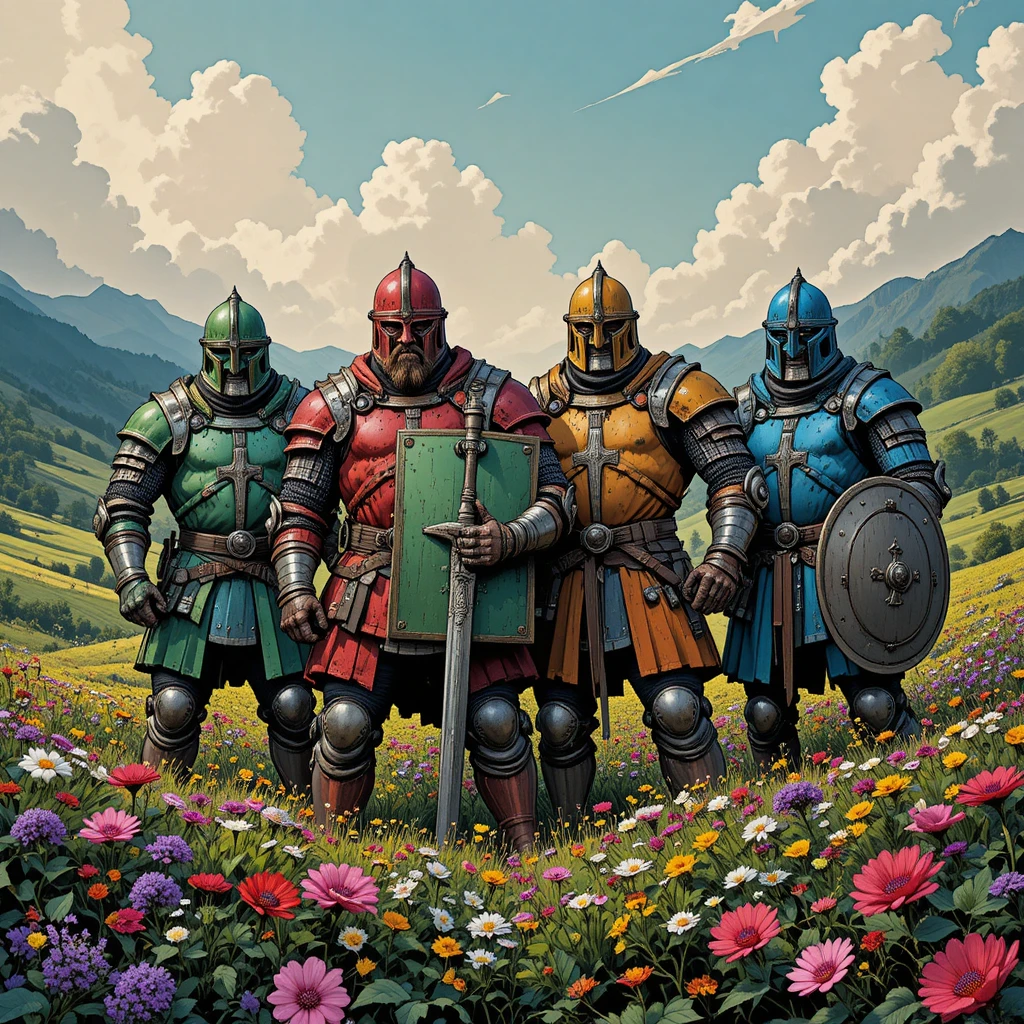 Four armored knights standing in a colorful flower valley