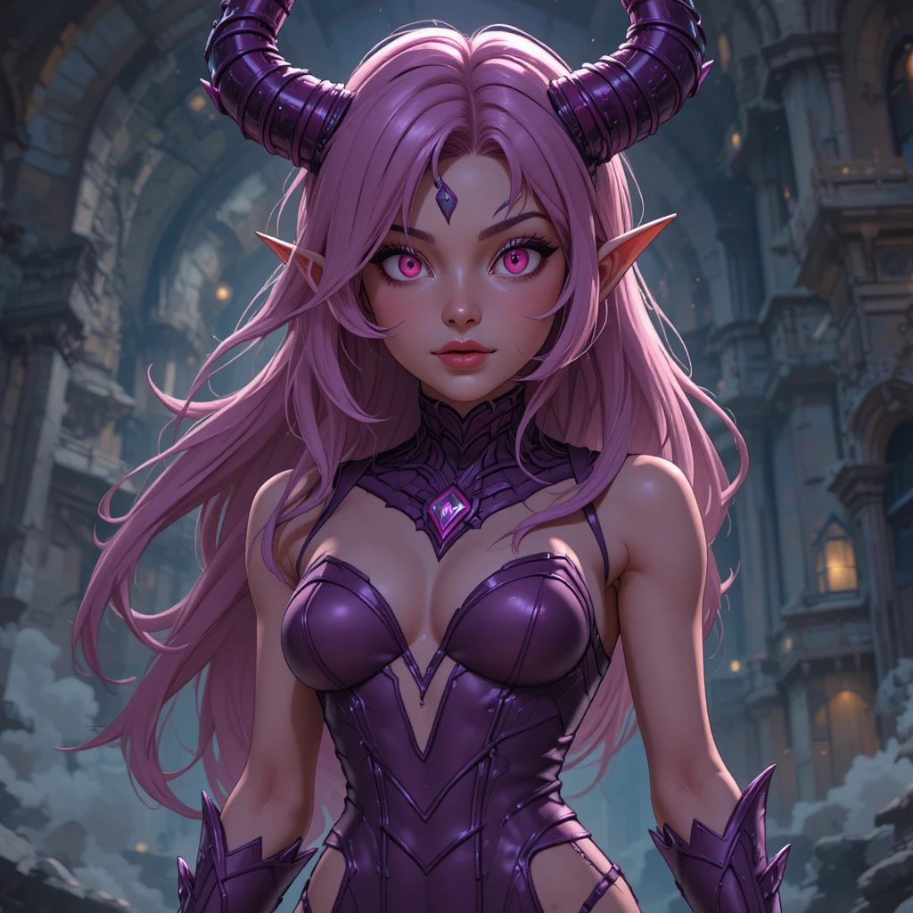Horned pink haired fantasy woman in a demonic realm