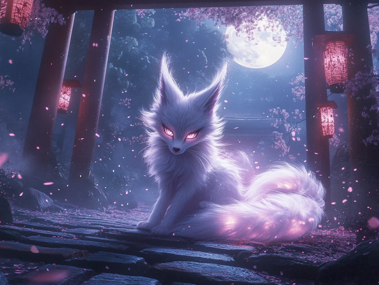 Kitsune mystique à neuf queues sous une pleine lune lumineuse