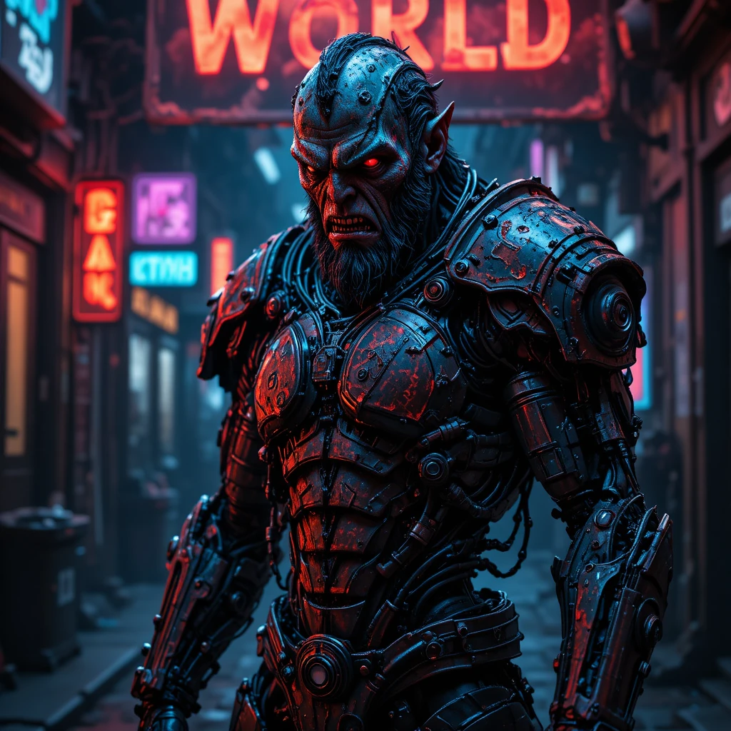 Orc cibernético em armadura futurista corrompida preta e vermelha