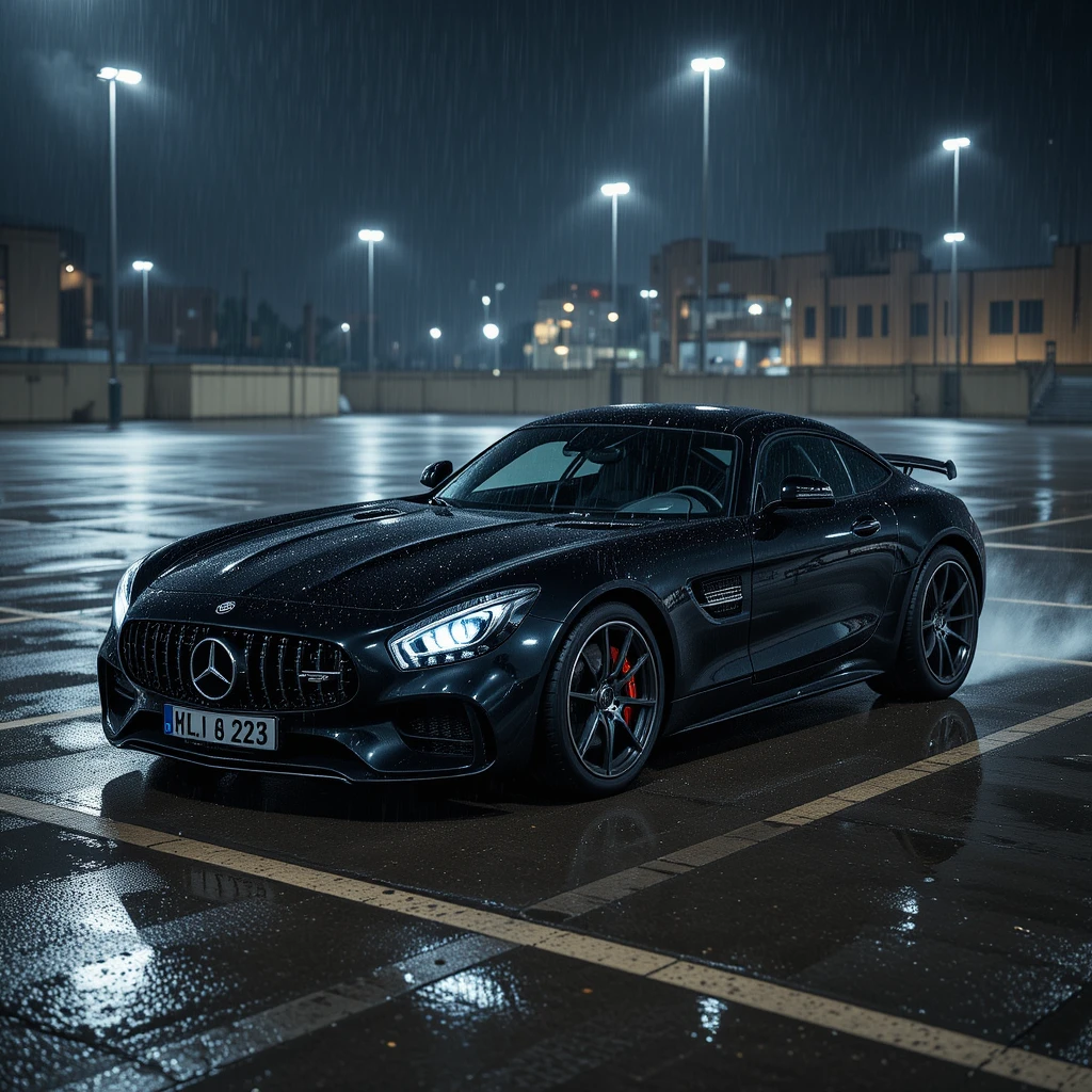 Black sports car drifting on wet parking lot at night