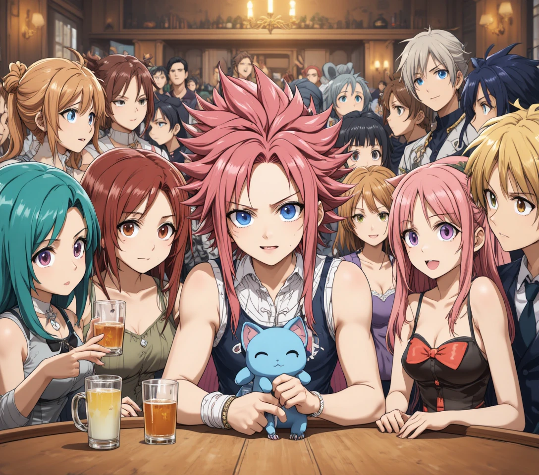 Héros d’anime réunis dans l’intérieur d’un bar animé