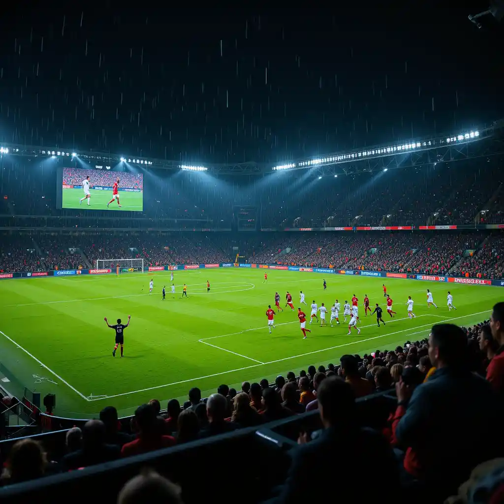 Stadio di calcio in una notte piovosa con tifosi in festa e luci