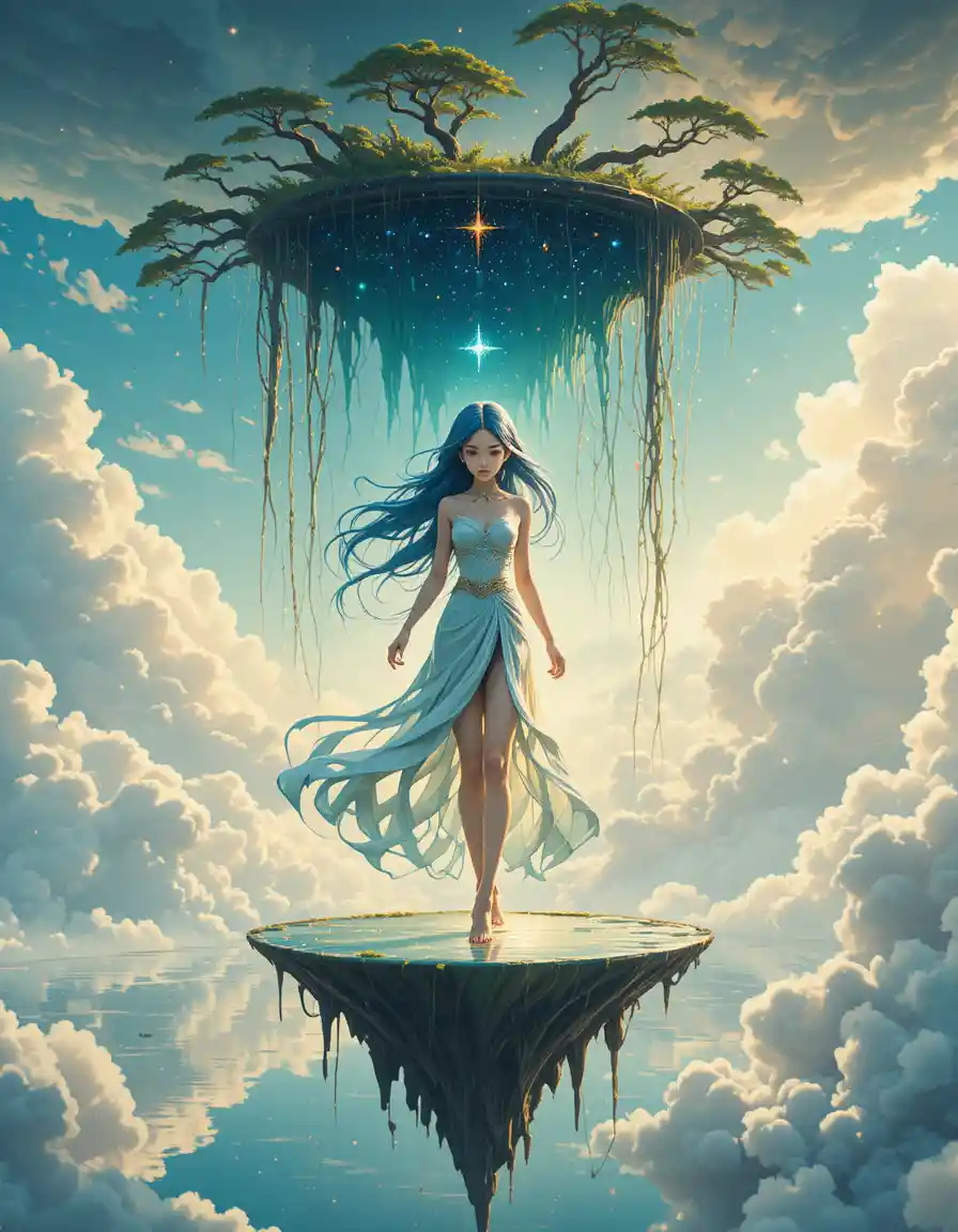 Elf girl standing on an inverted lake high in the sky