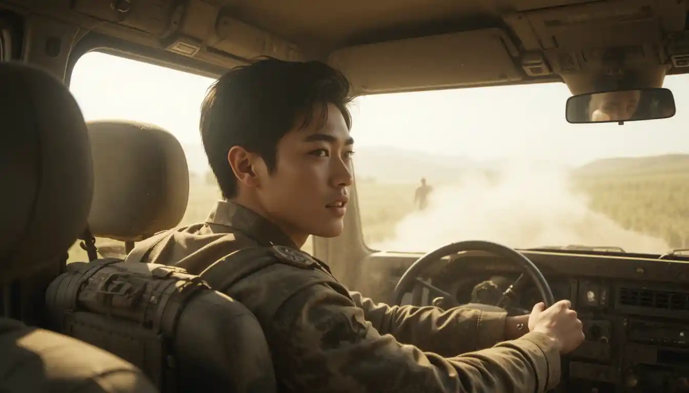 Soldier driving armored vehicle through sunlit dusty grassland