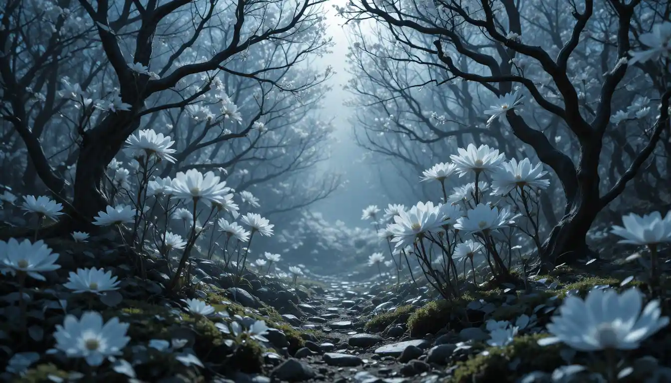 Glowing silver flowers beneath delicate shadowed branches