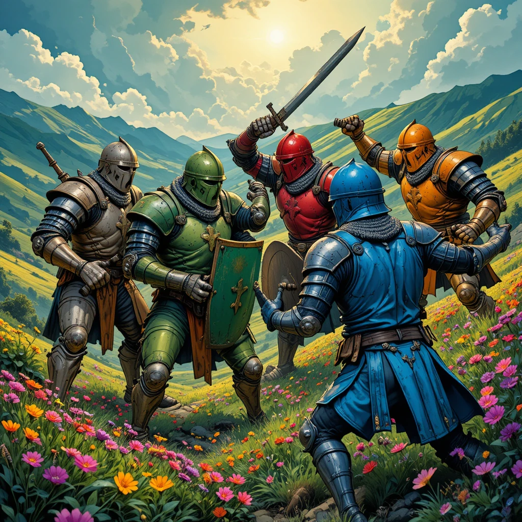 Muscular Knights Brawling In A Flowered Valley Comic Scene