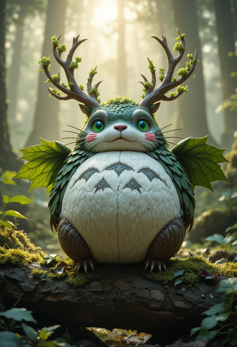 Leaf winged forest creature resting on mossy log
