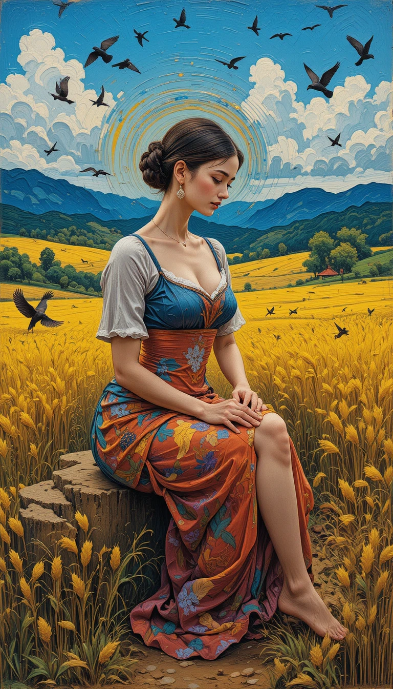Woman slowly sifting corn grains in a textured impasto painting