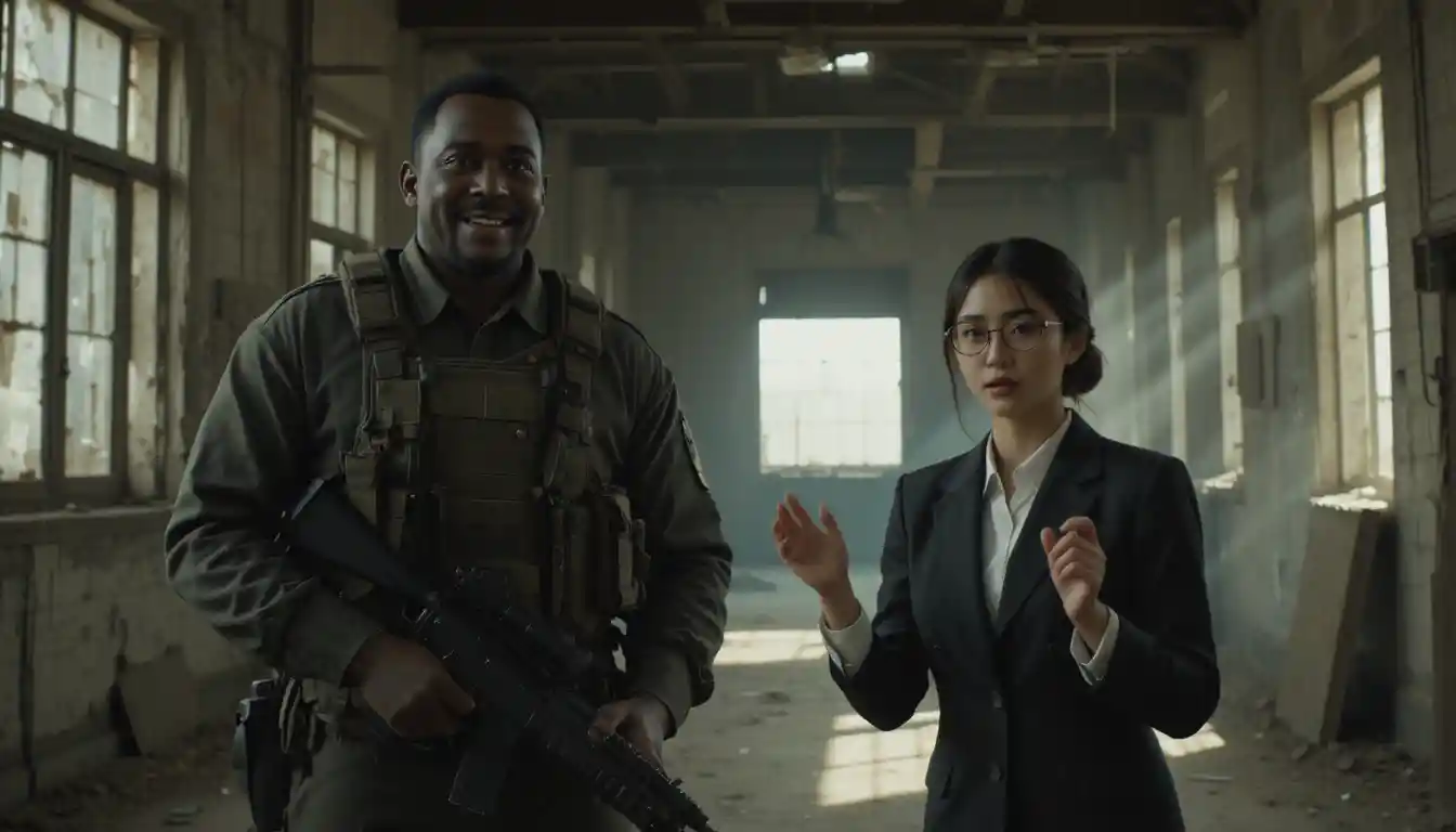 Angry woman confronting armed man in abandoned building