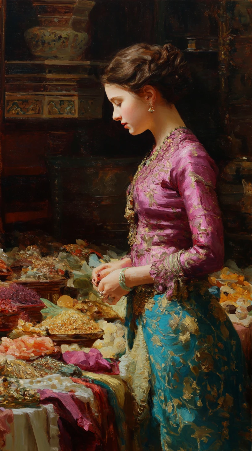 Mulher elegante em pintura de mercado exótico do século XIX
