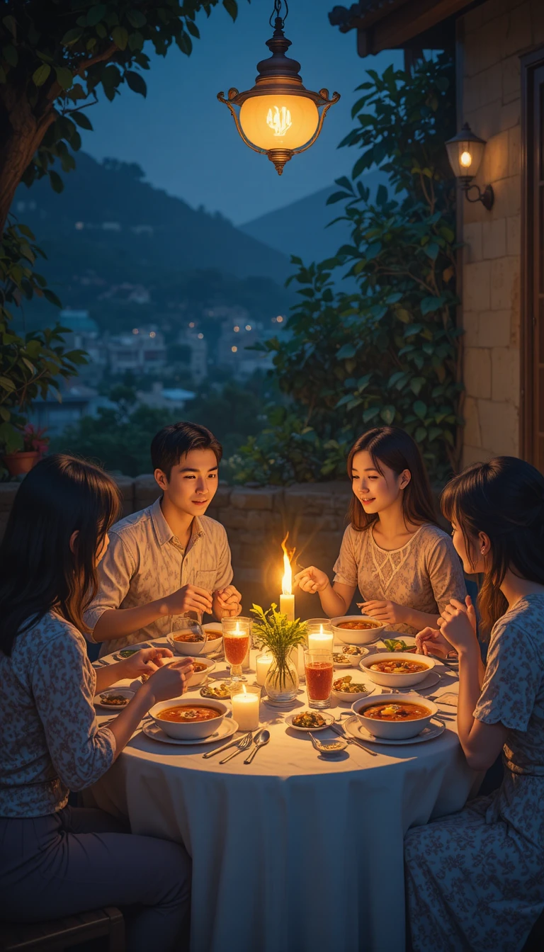 Familie versammelt sich an kleinem Tisch zum Lampenlicht-Abendessen