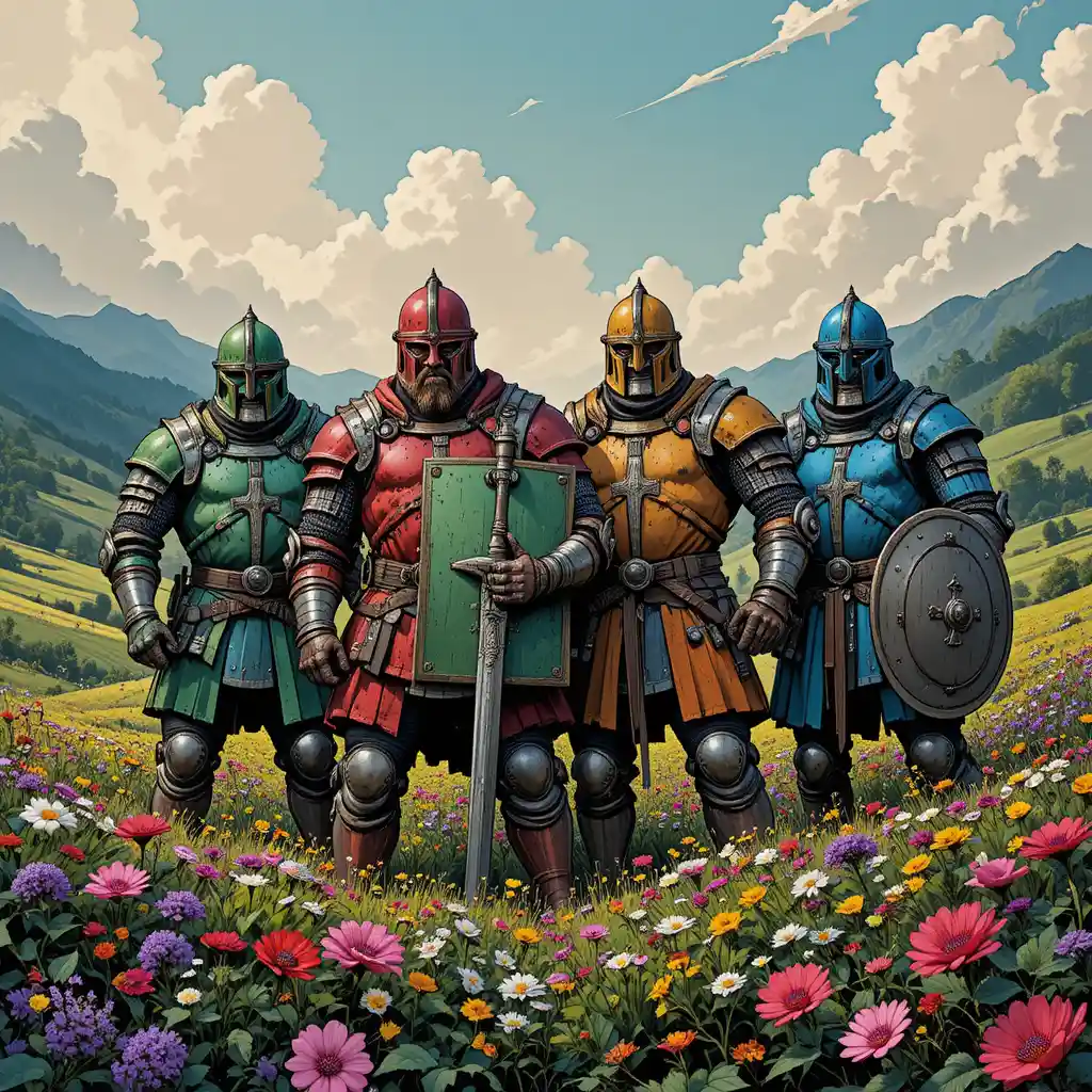 Four armored knights standing in a colorful flower valley